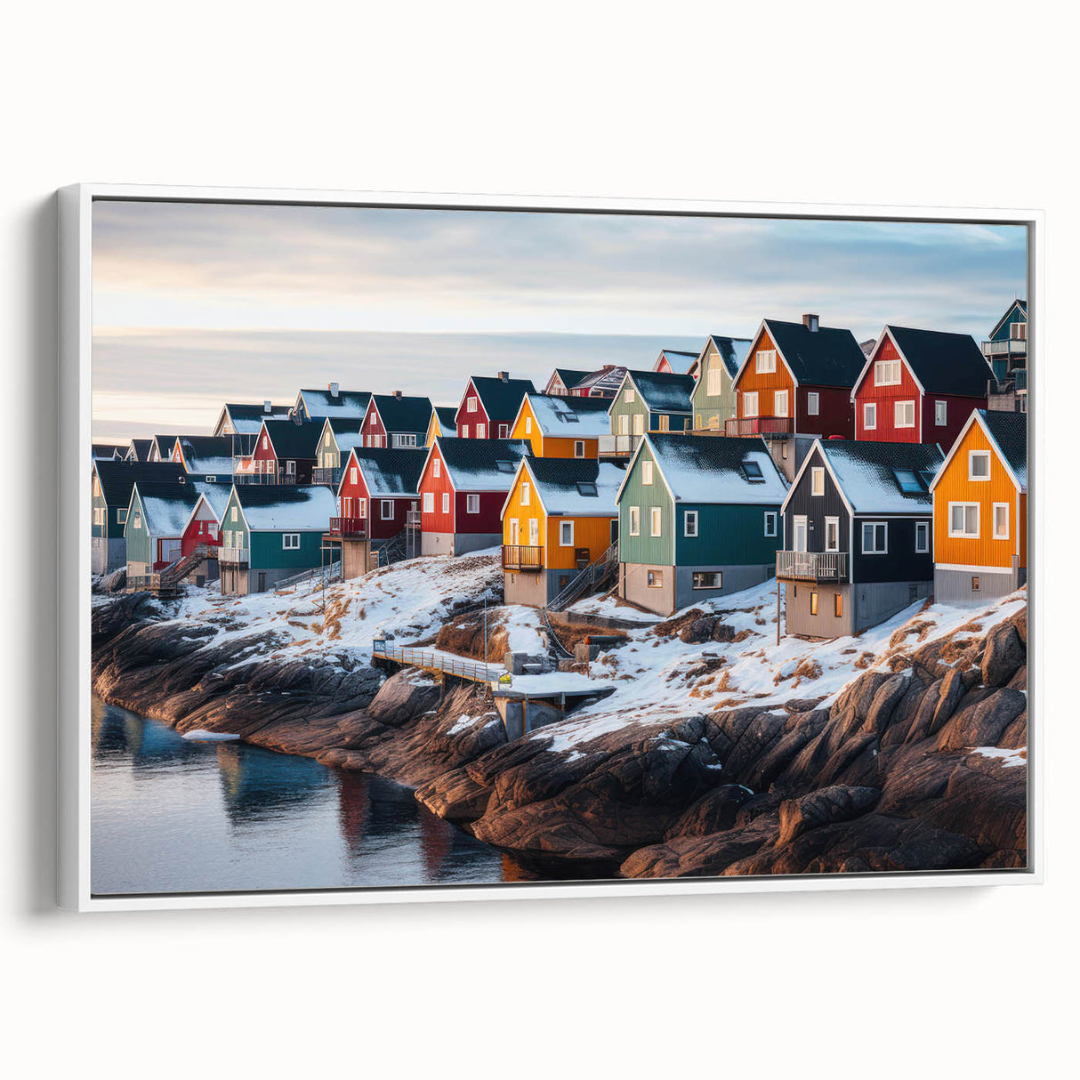 Vintage poster art of a Greenland scenery on framed canvas, featuring muted green and white tones.