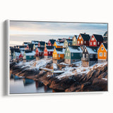 Vintage poster art of a Greenland scenery on framed canvas, featuring muted green and white tones.