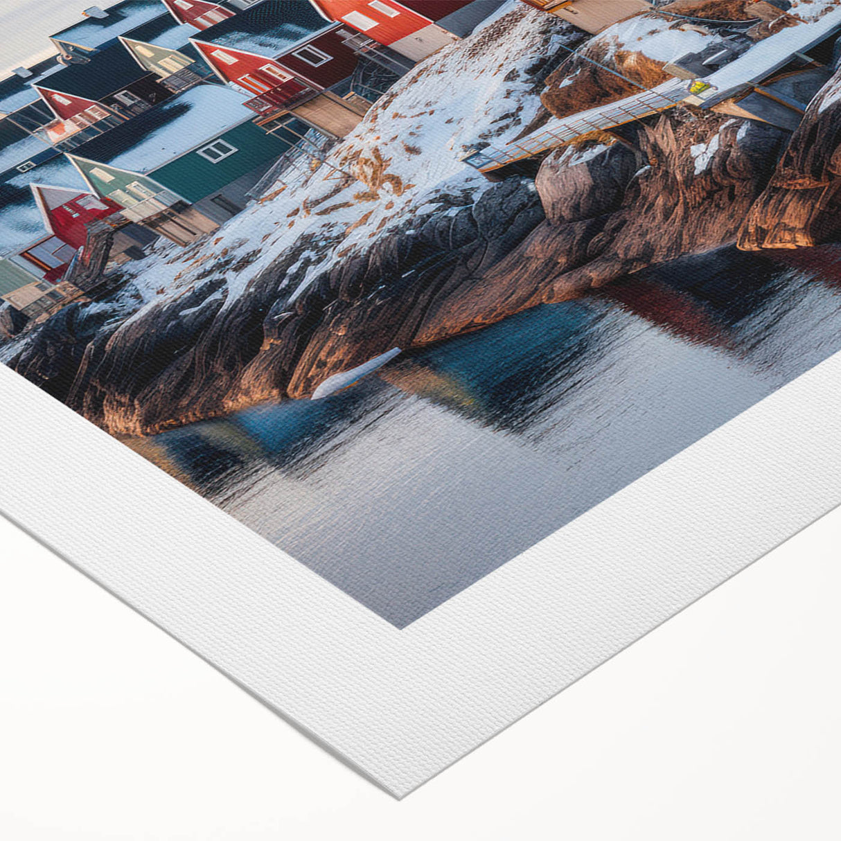 Art deco poster of a Greenland landscape on rolled canvas, featuring muted green and blue tones, ideal for dining room decor.