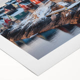 Art deco poster of a Greenland landscape on rolled canvas, featuring muted green and blue tones, ideal for dining room decor.