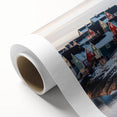 Art Deco style poster of European Greenland scenery on rolled canvas, featuring muted green and blue tones.