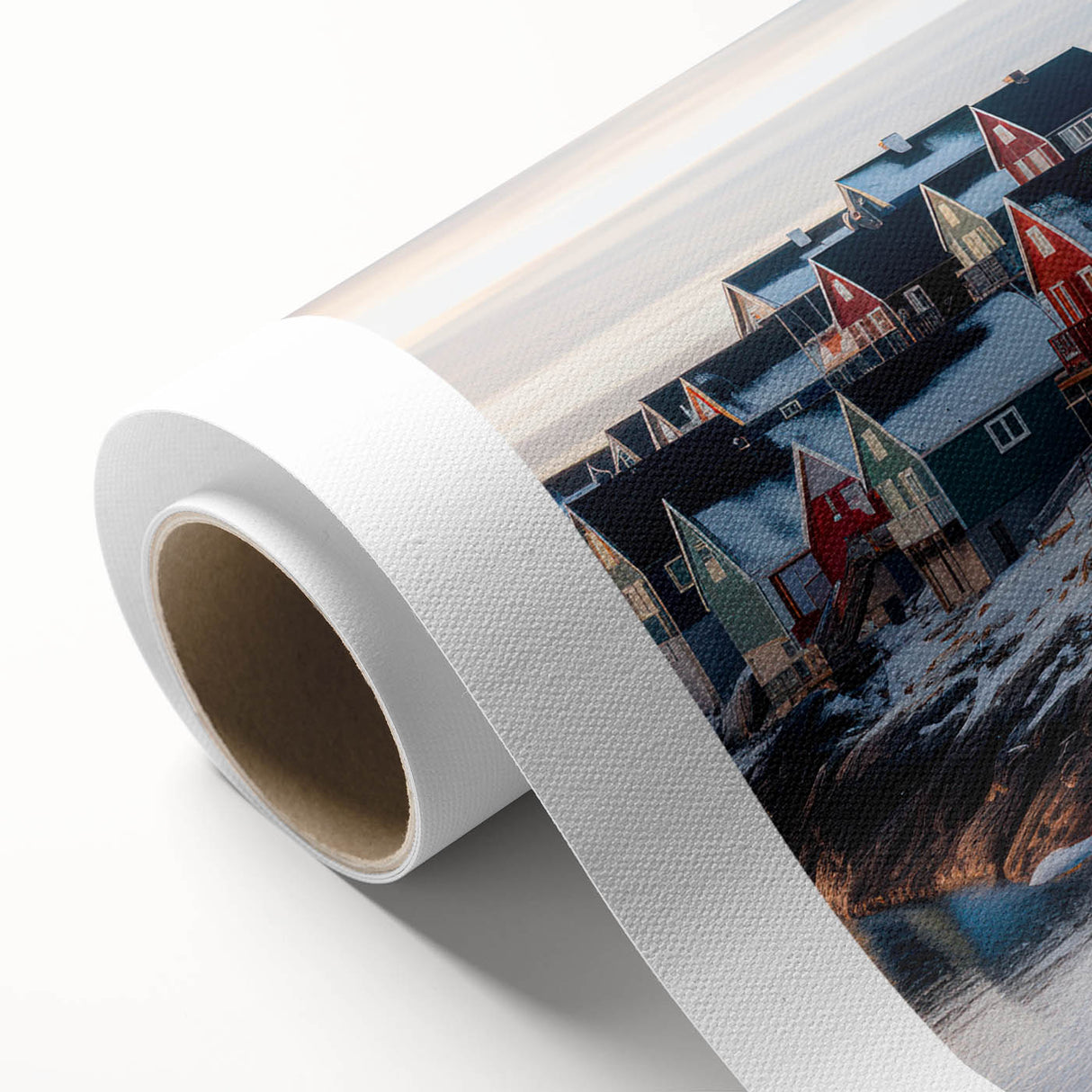 Art Deco style poster of European Greenland scenery on rolled canvas, featuring muted green and blue tones.