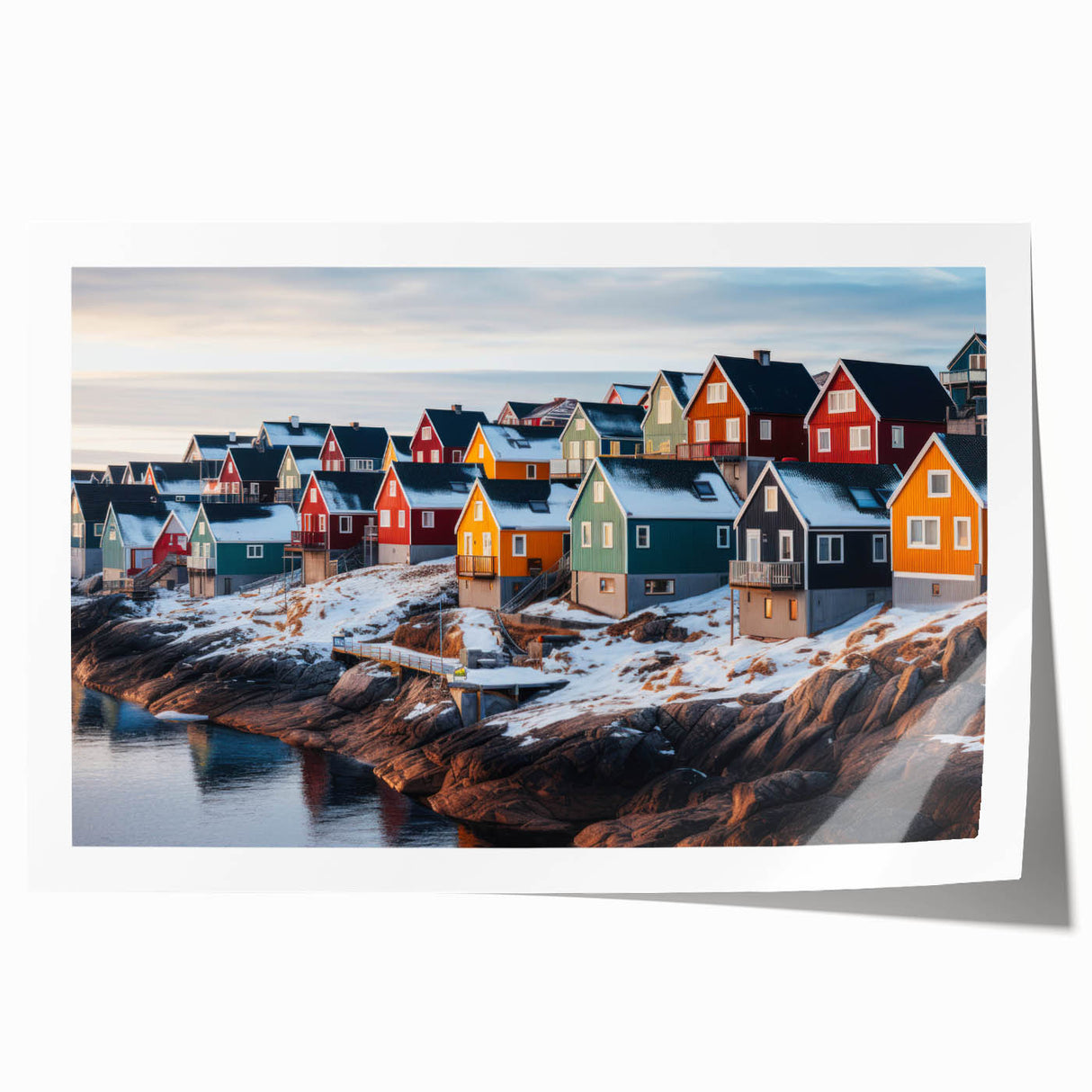 Rolled print of a Greenland landscape with lush greenery, designed in a realistic style, ideal for dining room wall decor.