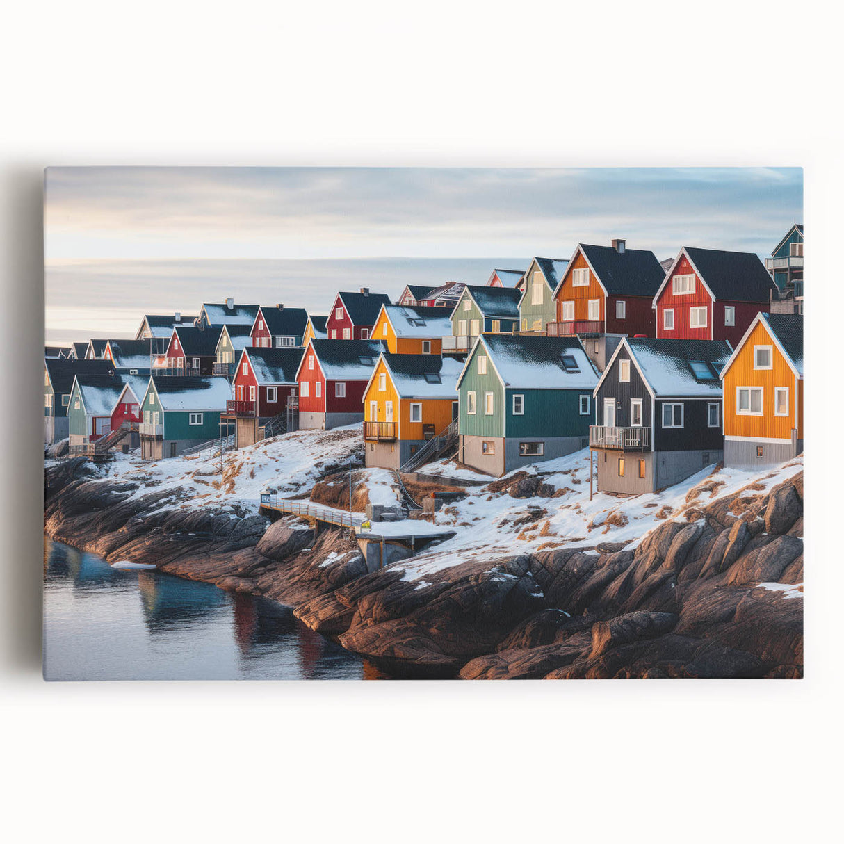 Black and white photograph of a serene Greenland landscape on stretched canvas, ideal for kitchen wall art.