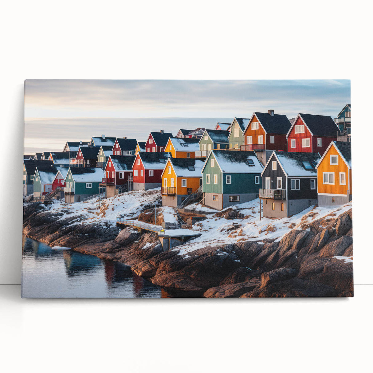 Large black and white photo of a Greenland landscape on stretched canvas, suitable as kitchen wall art.