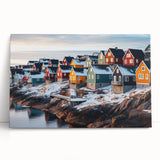 Large black and white photo of a Greenland landscape on stretched canvas, suitable as kitchen wall art.