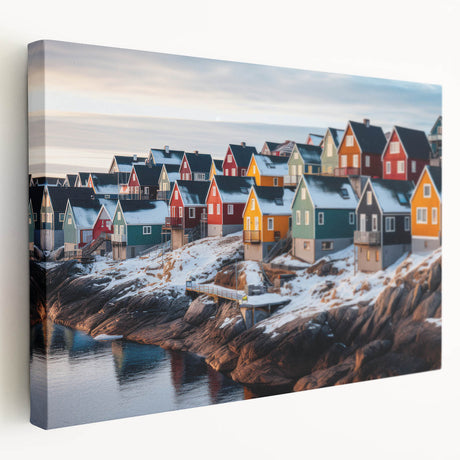 Greenland landscape on large stretched canvas featuring muted green and blue tones, ideal for kitchen wall art.