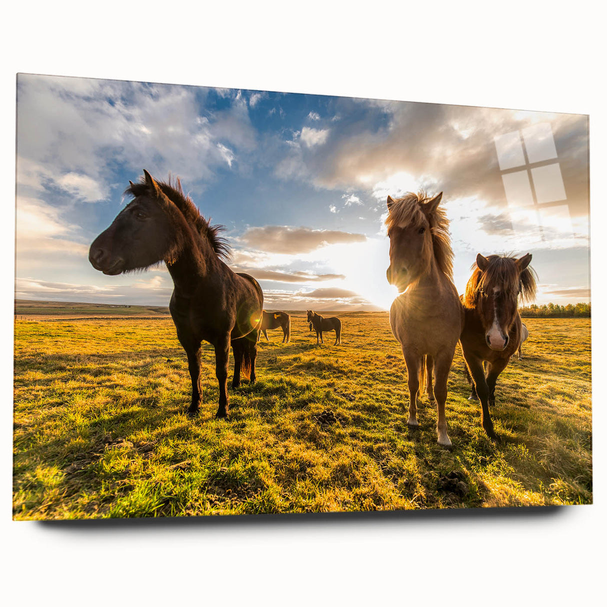 Large abstract wall art of Icelandic scenery in muted blue and gray tones on acrylic glass.