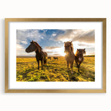 Abstract art print of a serene Icelandic landscape in muted blue and green tones on a framed canvas.