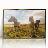 Acrylic print of a serene Icelandic landscape in muted blues and greens, framed in gold, suitable for modern art wall decor.