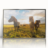 Large art print of a serene Icelandic landscape in muted greens and blues, framed in silver acrylic.