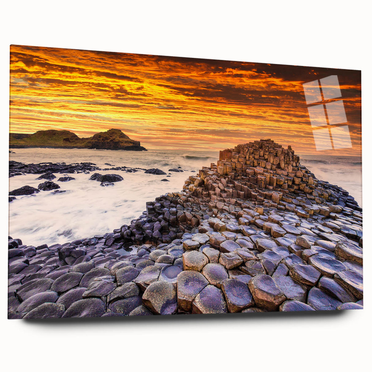 Acrylic print of a large abstract landscape in muted greens and blues, ideal for bedroom or dining room art.