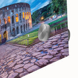 Acrylic print of a large abstract depiction of Rome with vibrant blue and orange tones, ideal for dining room art.