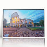 Mid-century modernist art of Rome's skyline in muted earth tones on a framed acrylic, ideal for modern art wall decor.