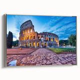 Framed canvas landscape art painting of Rome, featuring colorful vintage poster art on black background.