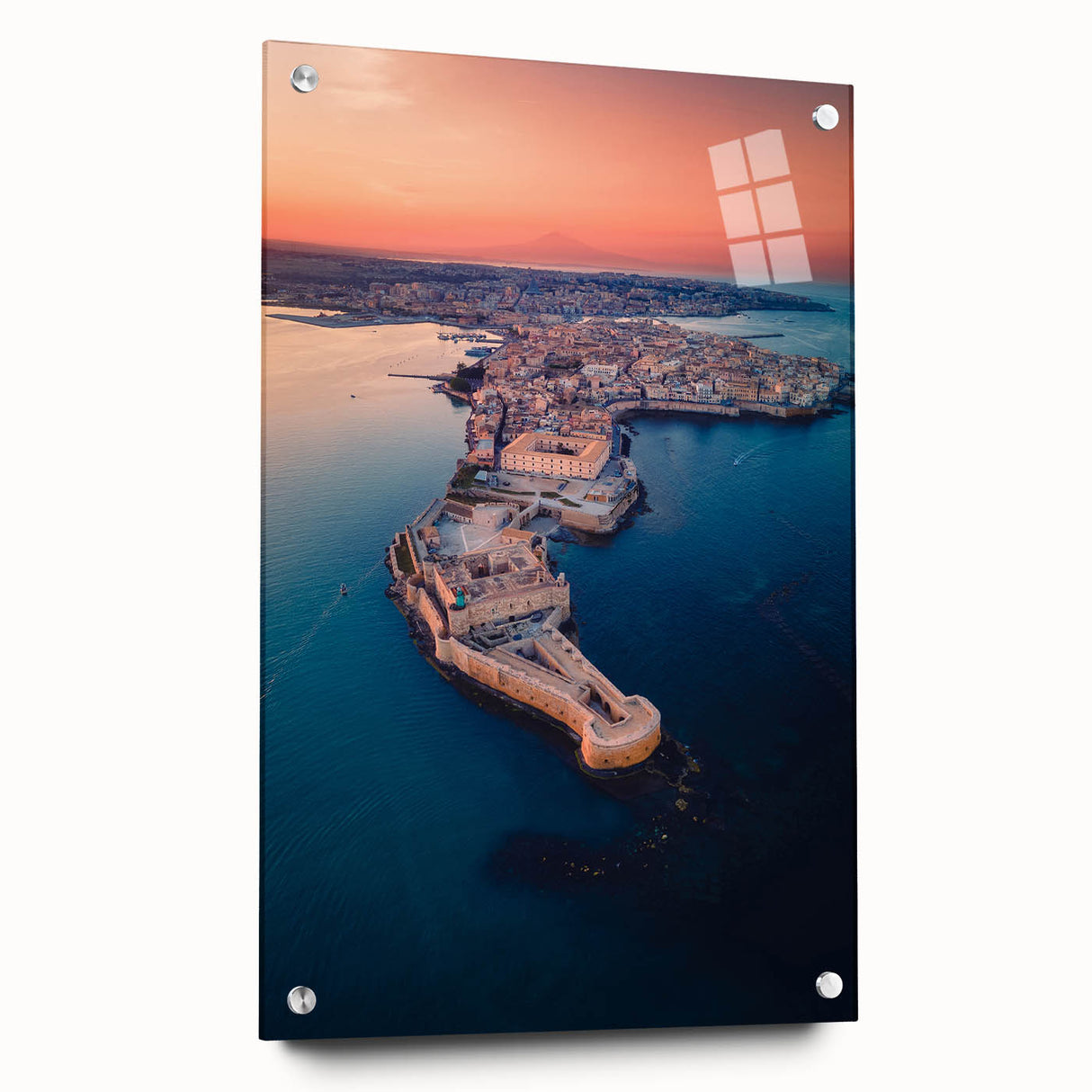 Acrylic print of a Sicilian landscape in muted earth tones, suitable for bedroom or dining room decor.