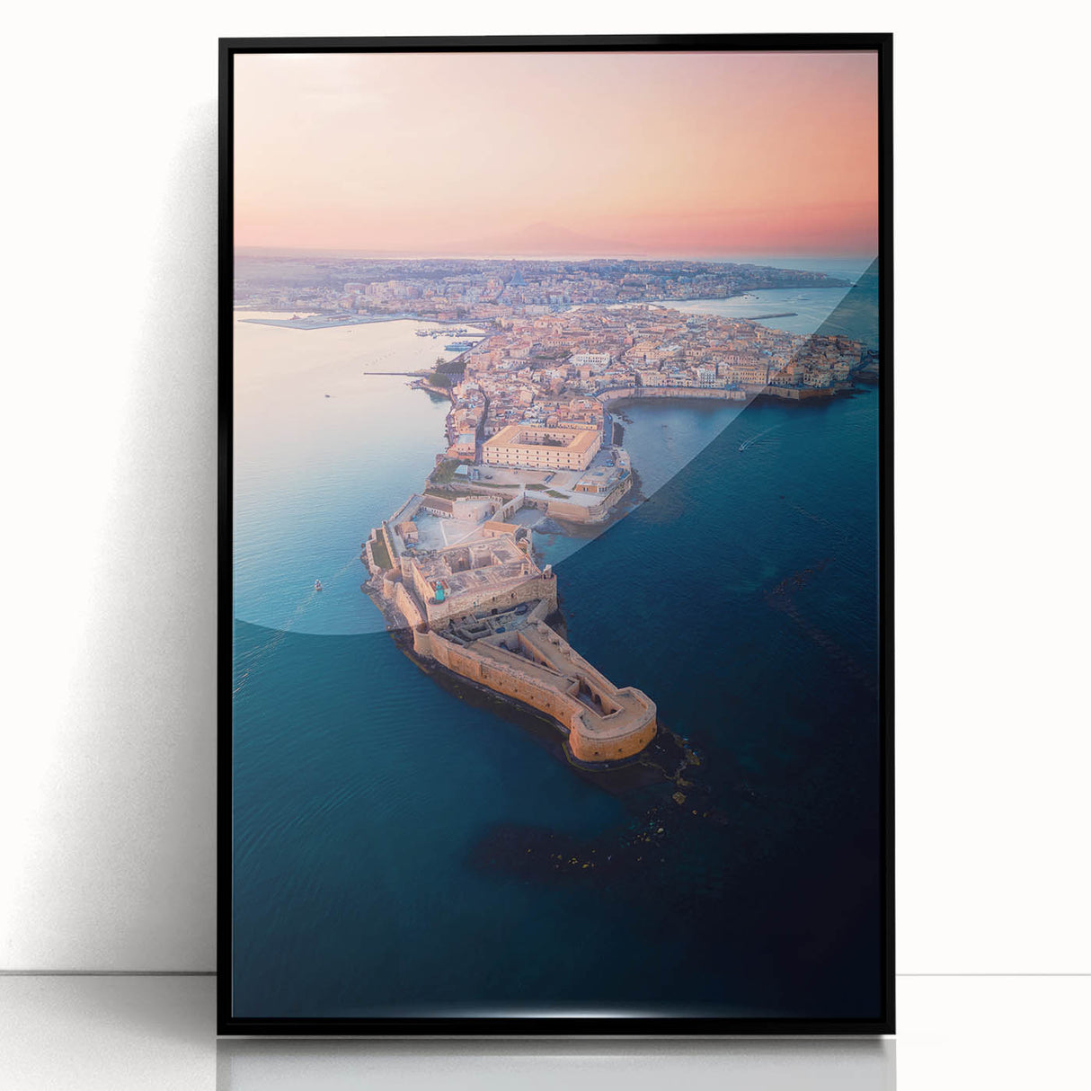 Large abstract wall art of Sicilian landscape in muted earth tones on a framed acrylic, ideal for modern living room decor.