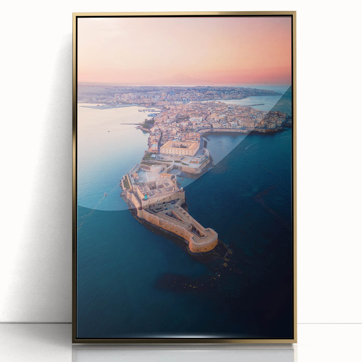 Art Deco style poster of a Sicilian landscape in muted gold tones, framed acrylic, ideal for modern art wall decor.