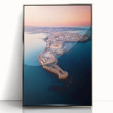 Large art print of a Sicilian landscape in muted earth tones, framed in silver acrylic, suitable for modern art wall decor.