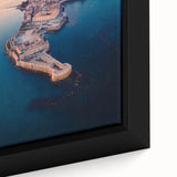 Extra large framed canvas of a textured Sicilian landscape in black with colorful accents, ideal for living room decor.