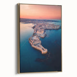 Framed canvas depicting a vintage Sicilian landscape in muted gold and black tones, ideal for bedroom wall art.