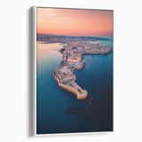 Vintage poster art of a Sicilian landscape on a framed canvas, featuring vibrant colors, ideal for living room decor.