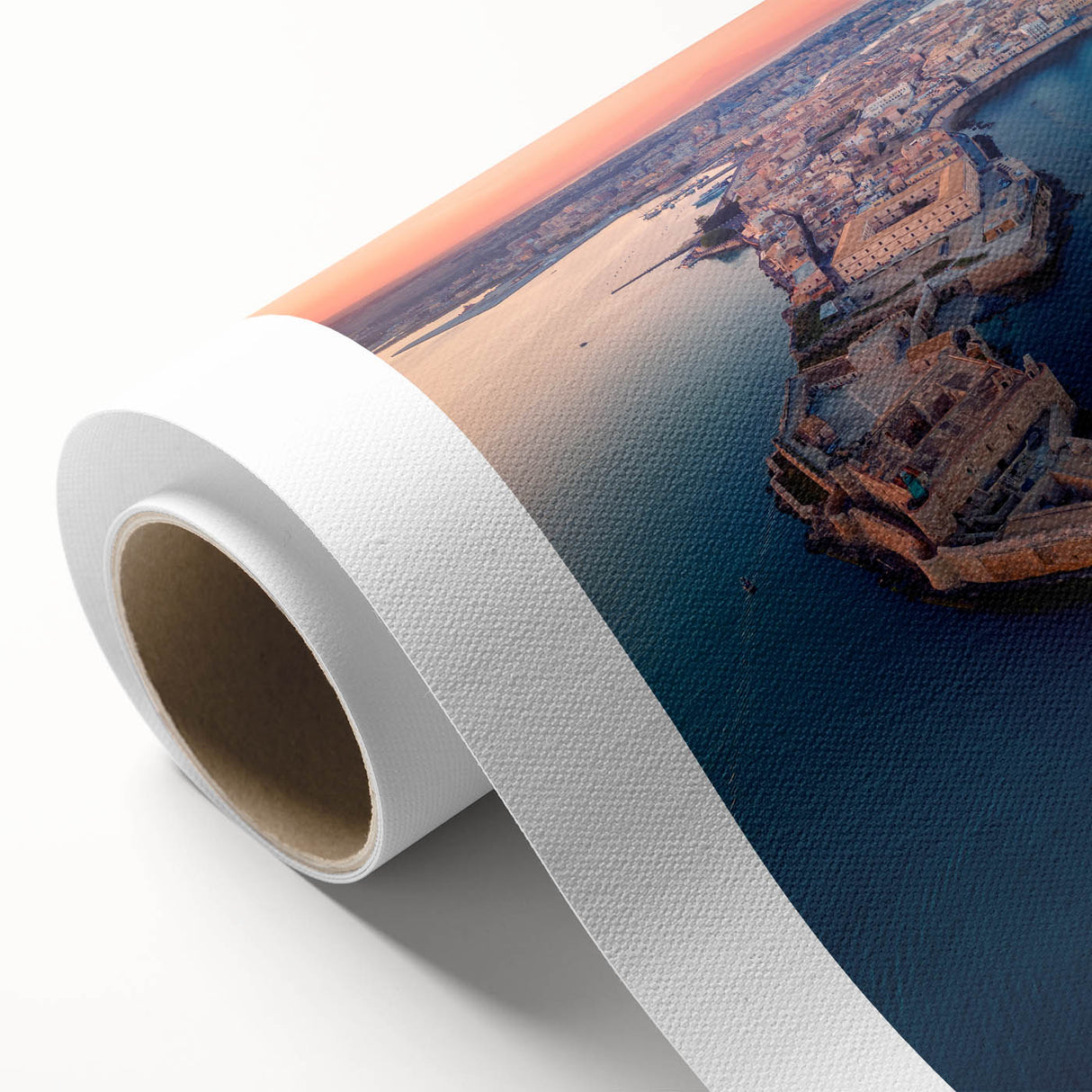 Art Deco style poster of Sicilian scenery on rolled canvas, featuring soft pastel colors.