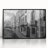 Large abstract wall art of Venice scenery in mid-century modernist style, with vibrant tones on black framed acrylic.