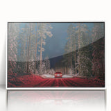 Mid-century modernist art of a European scenery in Latvia, rendered in muted earth tones on a white framed acrylic.