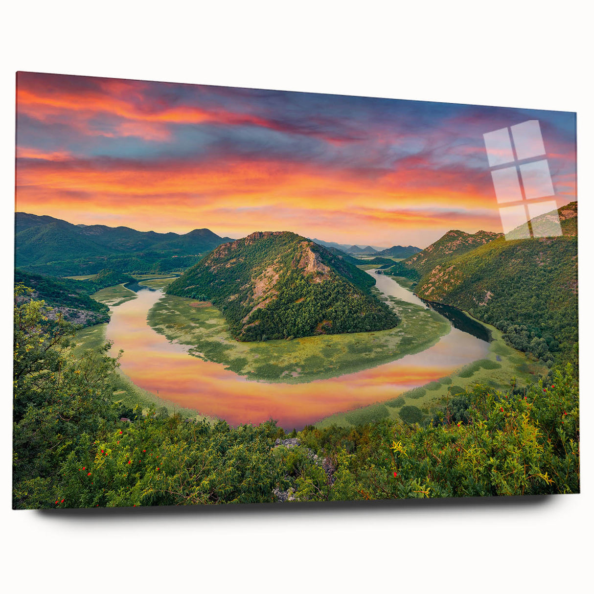Large abstract wall art depicting a European Montenegro scenery in vibrant colors on acrylic glass.