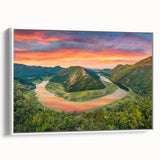 Vintage poster art of Montenegro scenery on extra large framed canvas, featuring vibrant colors against a black background.