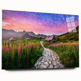 Large abstract wall art of a European scenery in muted earth tones on acrylic glass.