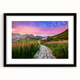 Extra large abstract art print depicting colorful, textured scenery of a European landscape in a black frame.