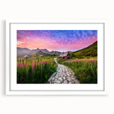 Textured art print of an abstract European scenery in muted earth tones, framed with a white mat, suitable for bedroom decor.