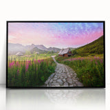 Large abstract wall art depicting a European landscape in muted earth tones on a framed acrylic.