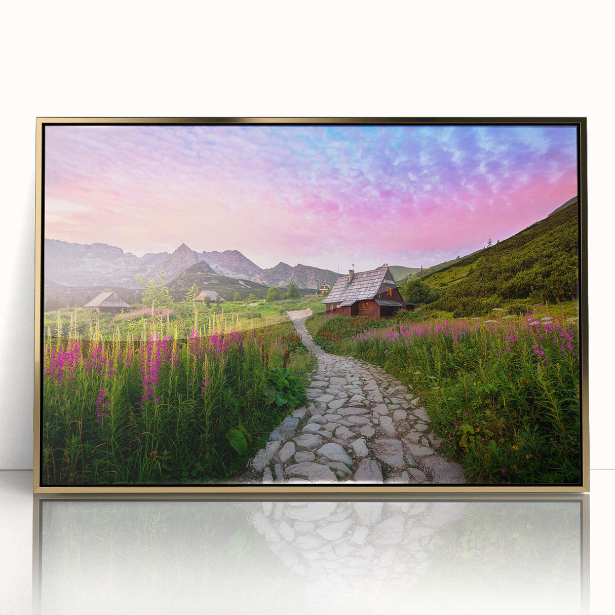 Art deco poster of a European scenery in Poland with gold acrylic frame, featuring neutral and earth tones.