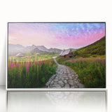 Mid-century modernist art depicting a European cityscape in muted gray and blue tones, framed acrylic.