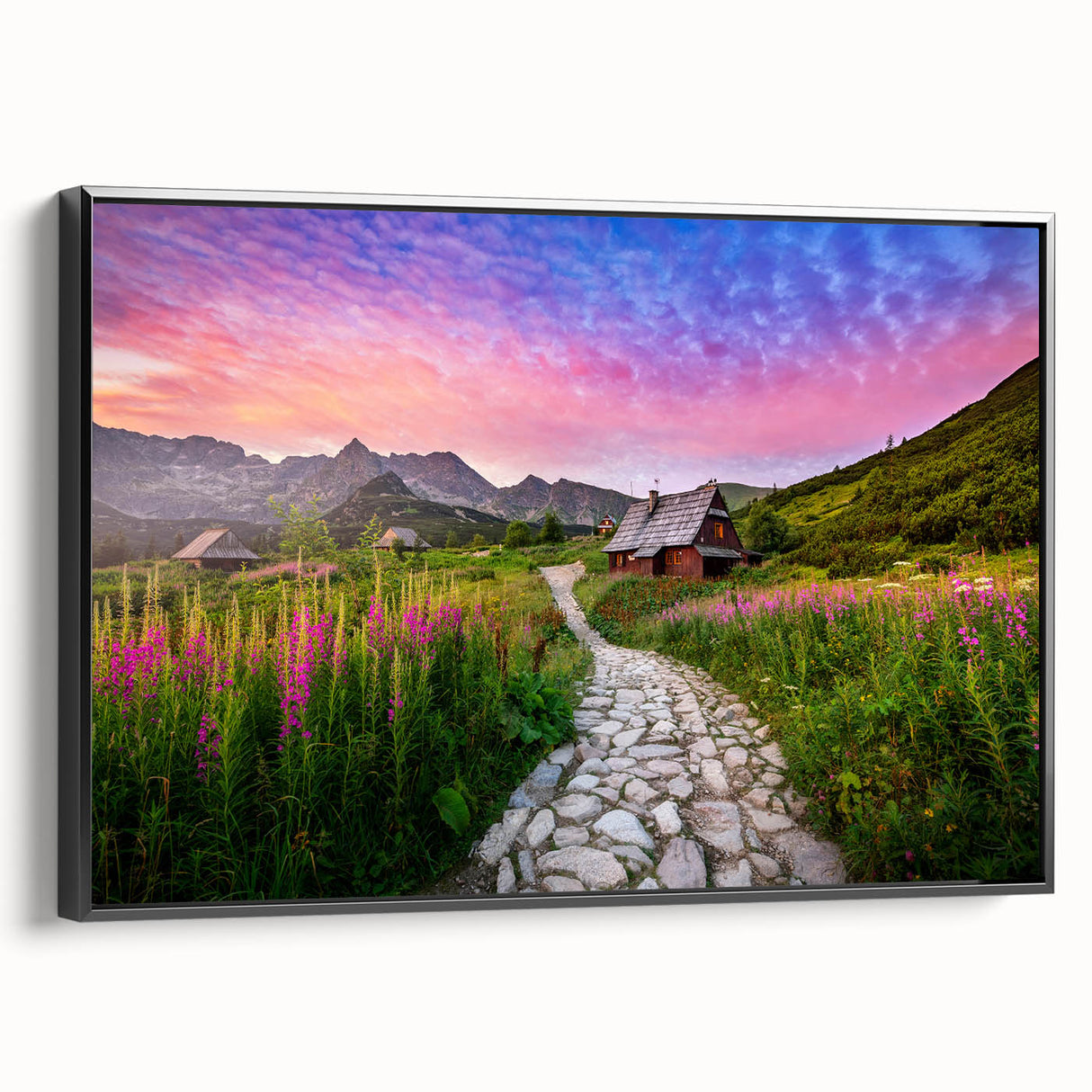 Black and white landscape art painting of a European scenery on a framed canvas, ideal for bedroom wall decor.