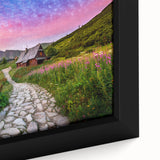 Close-up of a framed canvas featuring a textured Polish landscape in black with colorful accents.