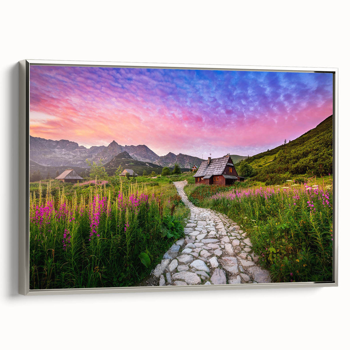 Landscape art painting of a European scenery on framed canvas, featuring muted earth tones and vintage poster style.