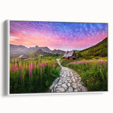 Vintage poster art of a scenic European landscape, featuring a vibrant color palette on a large framed canvas.