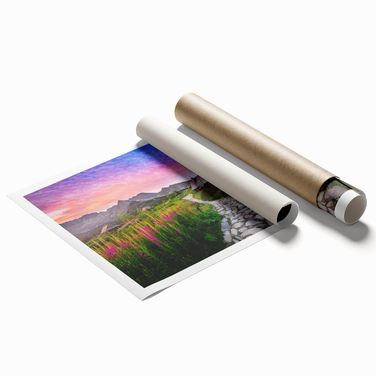 Extra large rolled print of a floral art scene in muted colors, ideal for classy bathroom wall art.