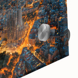 Large abstract depiction of Barcelona on acrylic glass, featuring muted earth tones, ideal for dining room art.