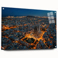 Acrylic print of a Barcelona cityscape in muted earth tones, suited for dining room or bedroom decor.