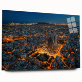 Large abstract depiction of Barcelona skyline in muted blue tones on acrylic glass, suitable for bedroom or dining room art.