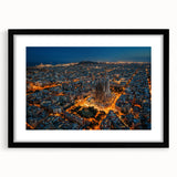 Extra large abstract art print of vibrant Barcelona scenery on textured canvas, framed in black.
