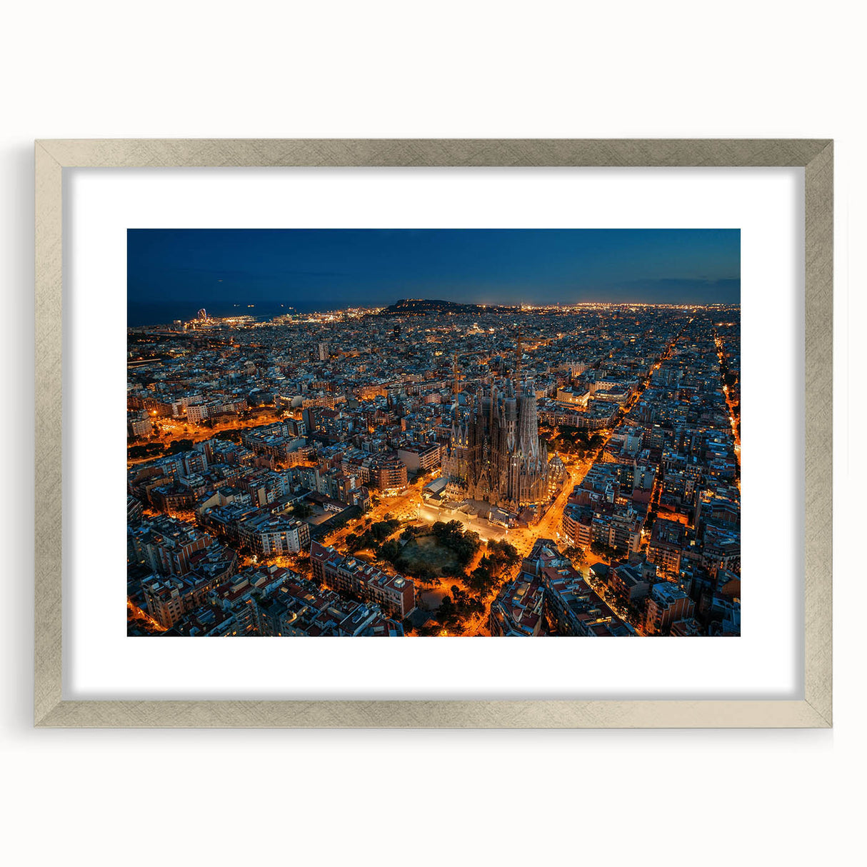 Extra large abstract art print of Barcelona scenery in textured silver frame, ideal for living room decor.