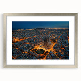 Extra large abstract art print of Barcelona scenery in textured silver frame, ideal for living room decor.