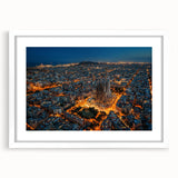 Textured abstract art print of Barcelona scenery in muted earth tones on a white framed mat, ideal for bedroom art.
