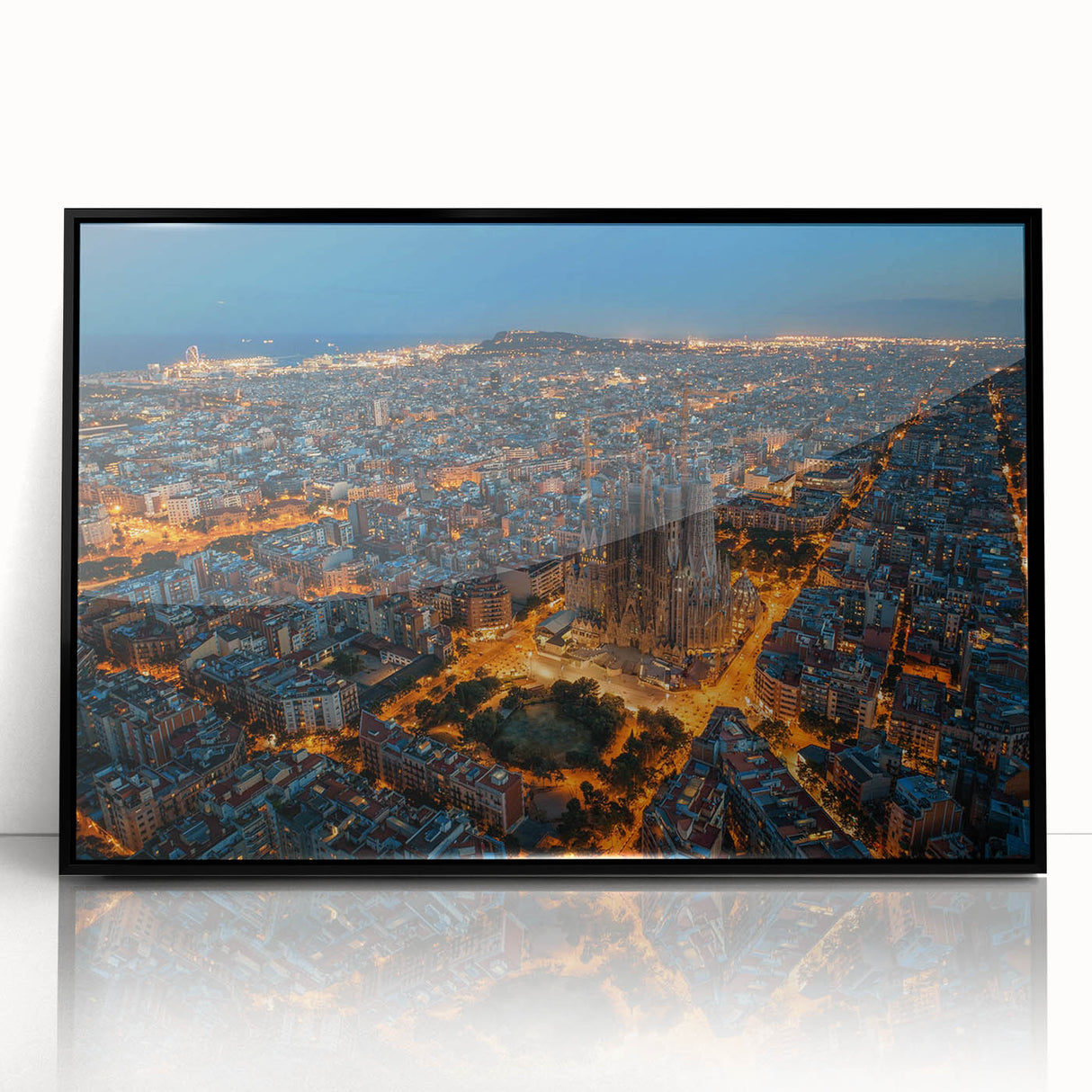Large abstract wall art depicting a Barcelona cityscape in muted gray tones on a framed acrylic.